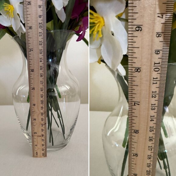 Handcrafted Floral Centerpiece Arrangement Clear Hourglass Vase Upcycled Decor - Picture 7 of 13